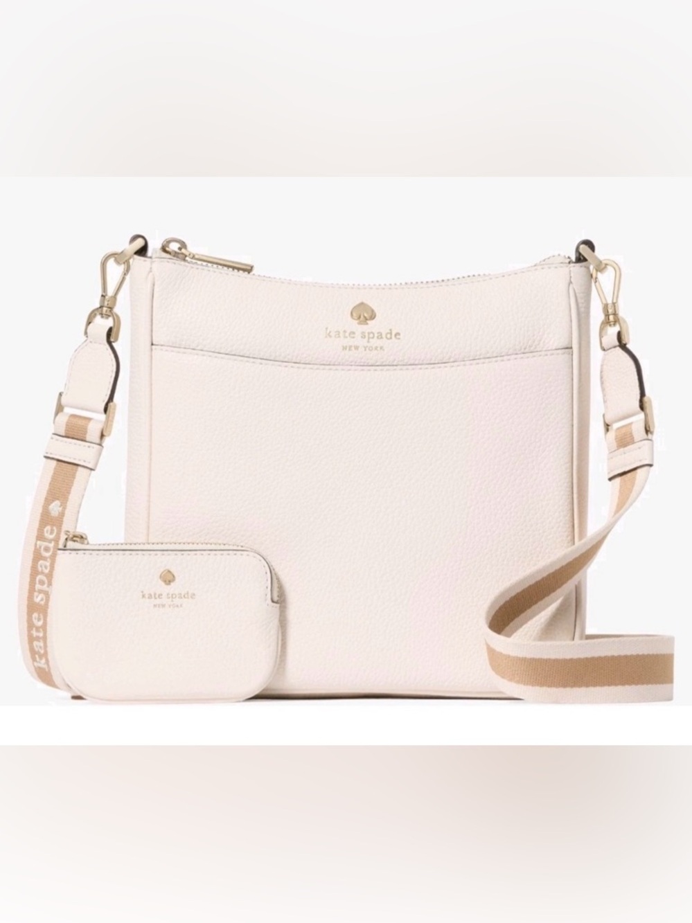 kate spade Cream Pebbled Leather Crossbody with Striped Strap